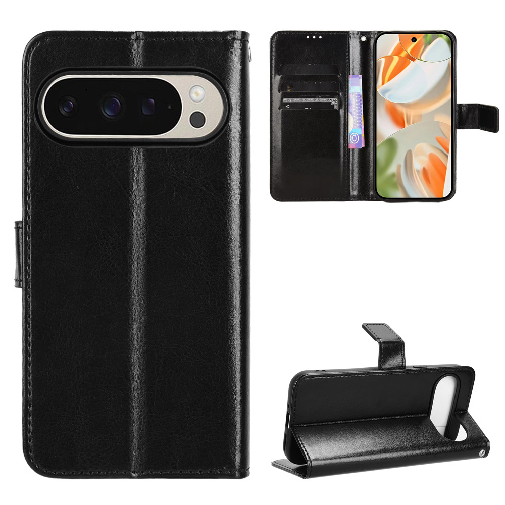 For Google Pixel 10 Pro / Google Pixel 10 PU Leather Case with Strap Crazy Horse Texture Phone Wallet Cover - Black