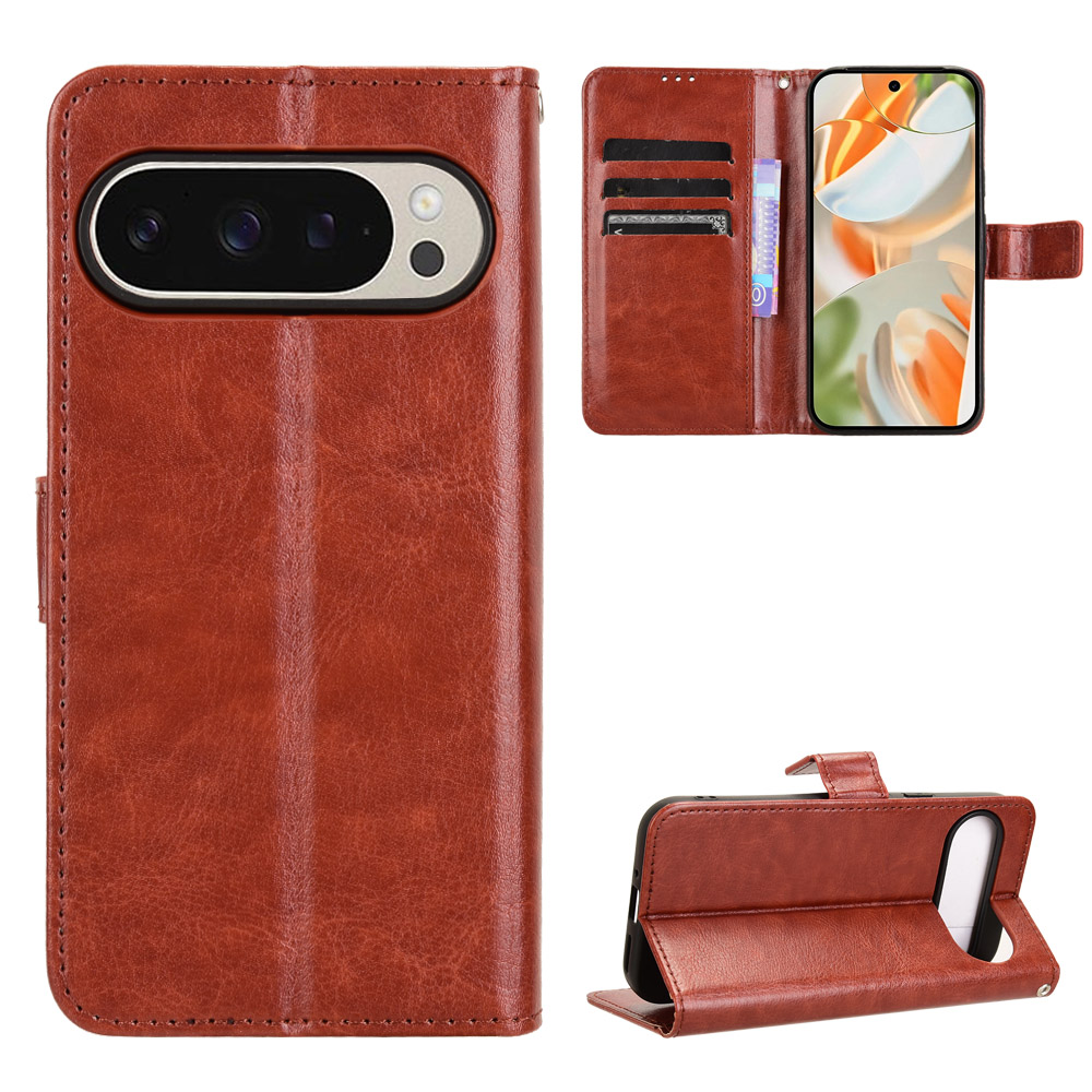 For Google Pixel 10 Pro / Google Pixel 10 PU Leather Case with Strap Crazy Horse Texture Phone Wallet Cover - Brown