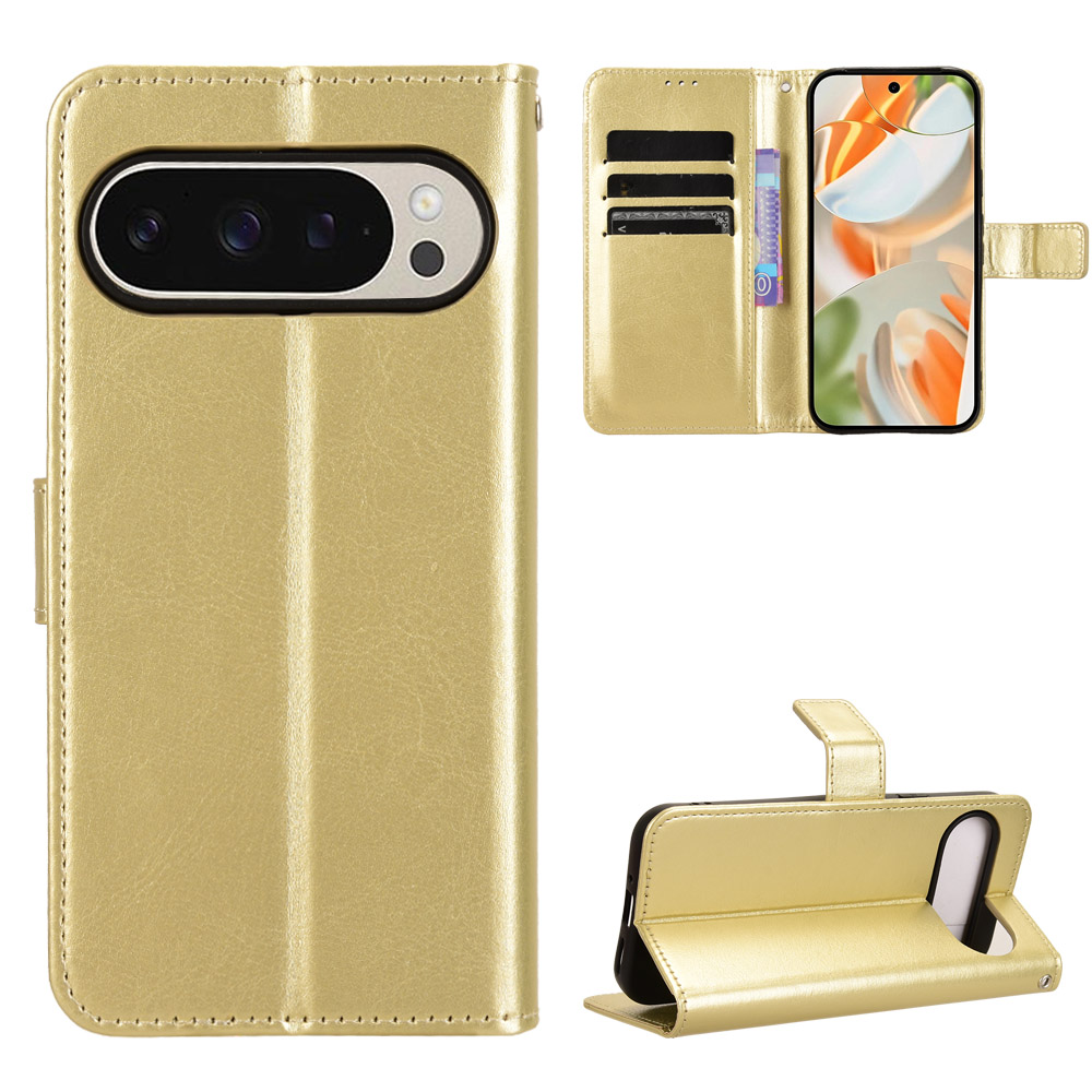 For Google Pixel 10 Pro / Google Pixel 10 PU Leather Case with Strap Crazy Horse Texture Phone Wallet Cover - Gold