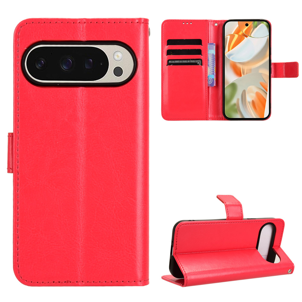 For Google Pixel 10 Pro / Google Pixel 10 PU Leather Case with Strap Crazy Horse Texture Phone Wallet Cover - Red