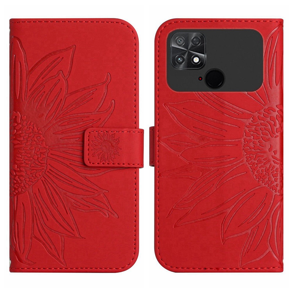 For Xiaomi Poco C40 4G HT04 Skin-touch Sunflower Imprinted PU Leather Foldable Stand Case Full Protection Phone Wallet Cover with Shoulder Strap - Red-2