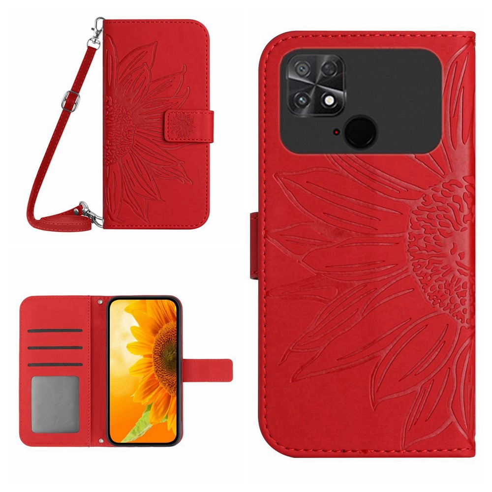 For Xiaomi Poco C40 4G HT04 Skin-touch Sunflower Imprinted PU Leather Foldable Stand Case Full Protection Phone Wallet Cover with Shoulder Strap - Red-3