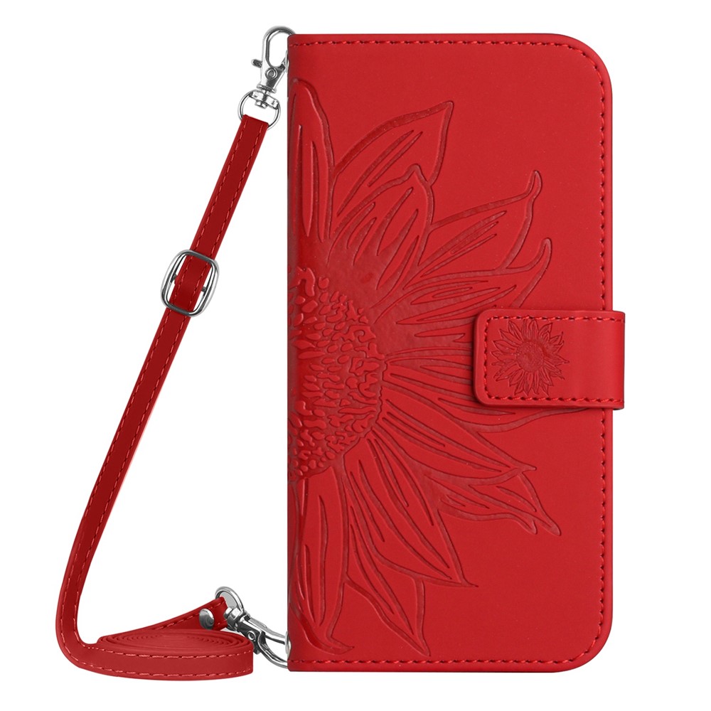 For Xiaomi Poco X4 GT 5G / Redmi Note 11T Pro 5G / 11T Pro+ 5G HT04 PU Leather Imprinted Sunflower Drop-proof Case Skin-touch Phone Stand Wallet Cover with Shoulder Strap - Red-1