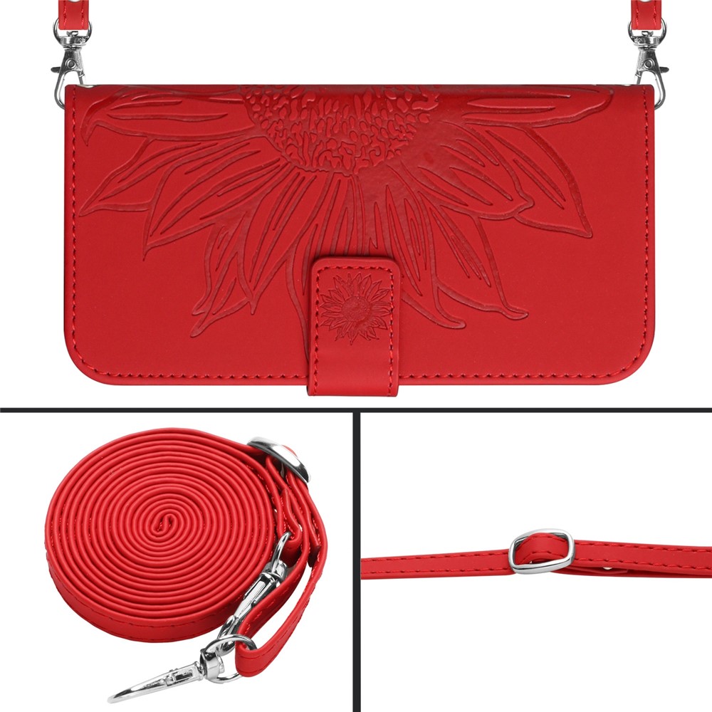 For Xiaomi Poco X4 GT 5G / Redmi Note 11T Pro 5G / 11T Pro+ 5G HT04 PU Leather Imprinted Sunflower Drop-proof Case Skin-touch Phone Stand Wallet Cover with Shoulder Strap - Red-10