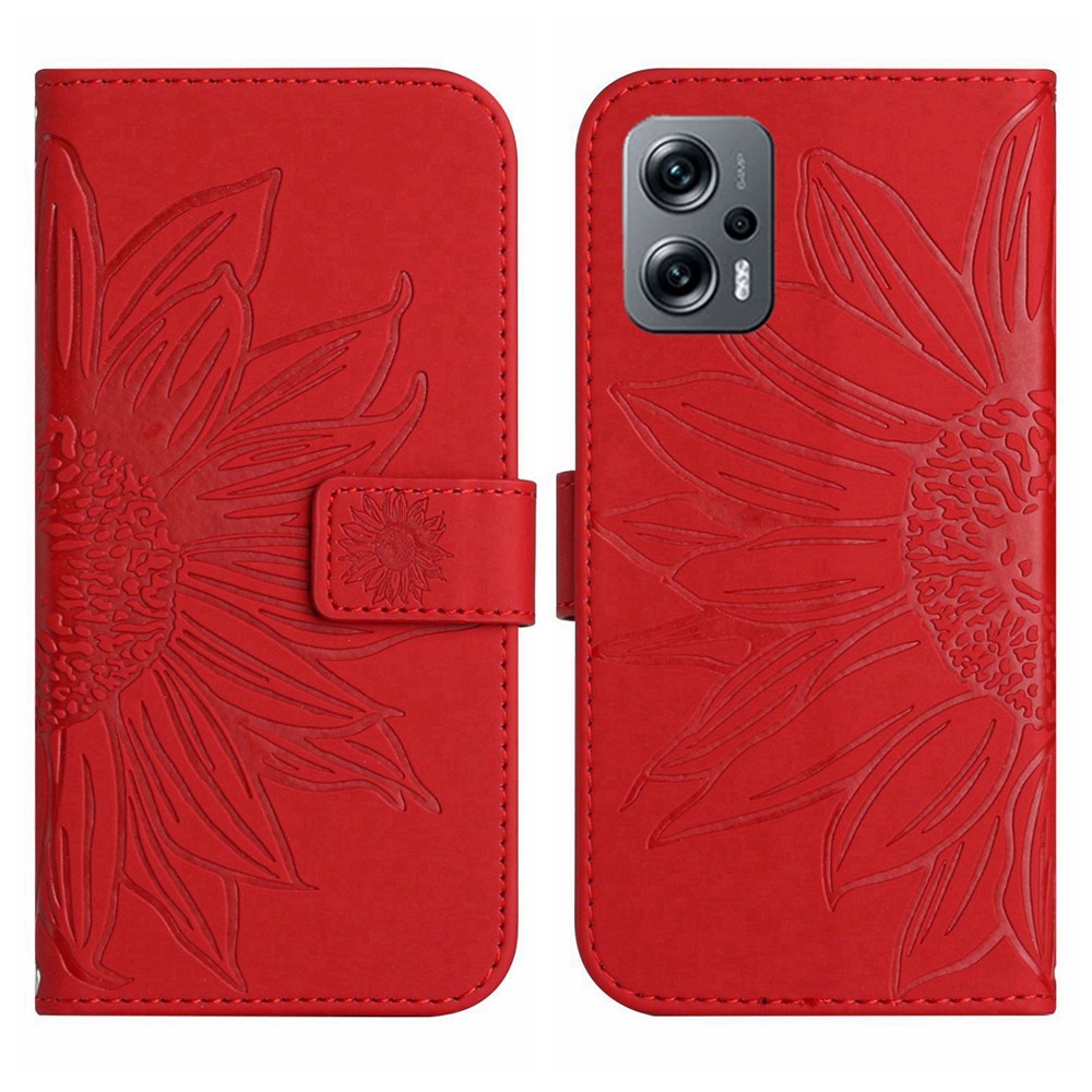For Xiaomi Poco X4 GT 5G / Redmi Note 11T Pro 5G / 11T Pro+ 5G HT04 PU Leather Imprinted Sunflower Drop-proof Case Skin-touch Phone Stand Wallet Cover with Shoulder Strap - Red-2