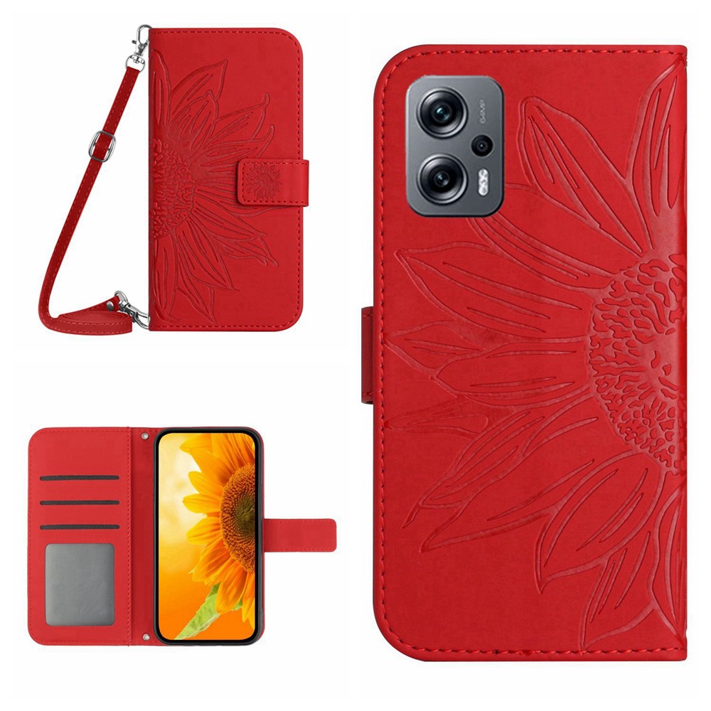For Xiaomi Poco X4 GT 5G / Redmi Note 11T Pro 5G / 11T Pro+ 5G HT04 PU Leather Imprinted Sunflower Drop-proof Case Skin-touch Phone Stand Wallet Cover with Shoulder Strap - Red-3