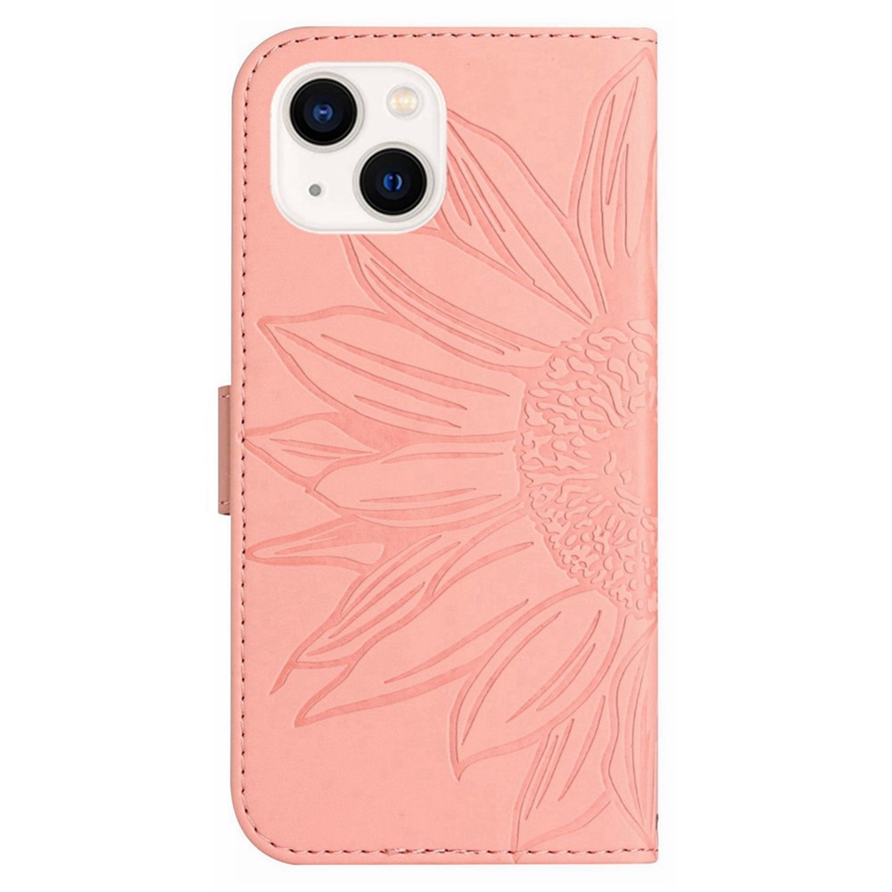 For iPhone 13 6.1 inch HT04 Imprinted Sunflower Skin-touch PU Leather + TPU Case Stand Wallet Phone Cover with Shoulder Strap - Light Pink-10
