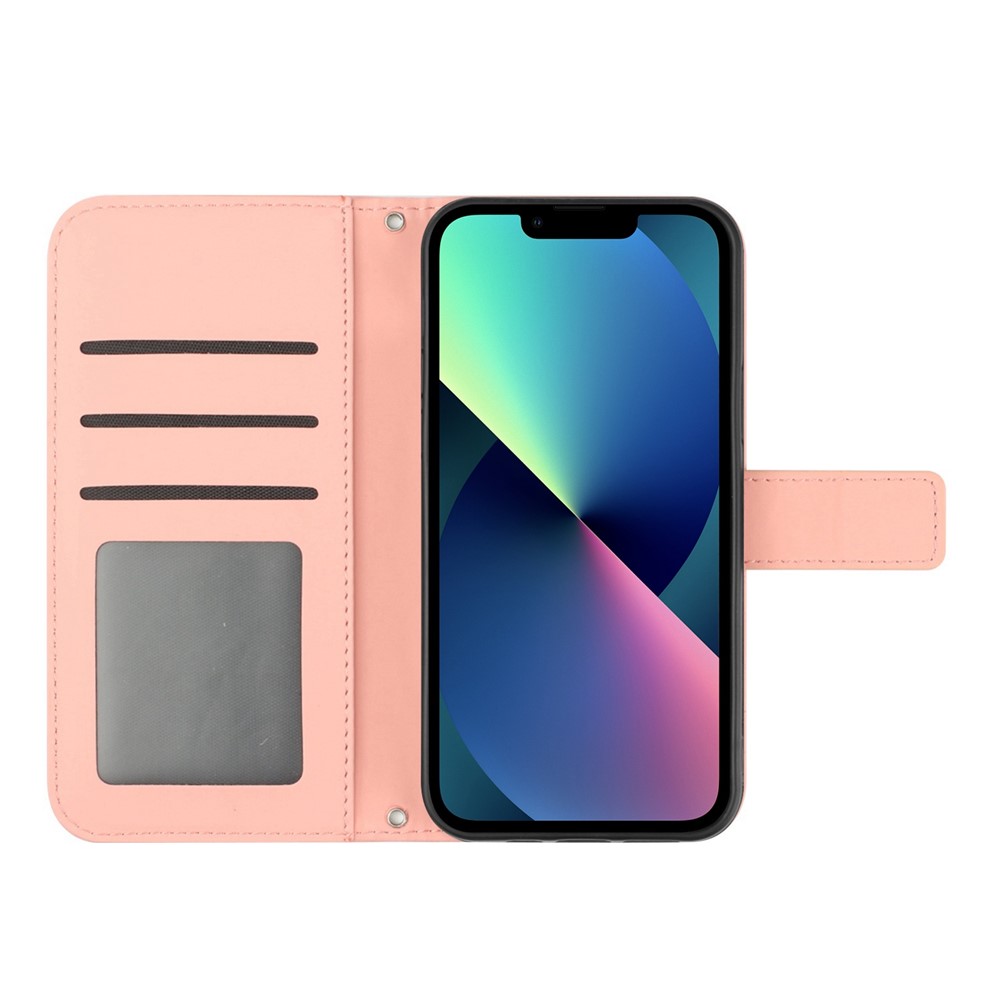 For iPhone 13 6.1 inch HT04 Imprinted Sunflower Skin-touch PU Leather + TPU Case Stand Wallet Phone Cover with Shoulder Strap - Light Pink-2