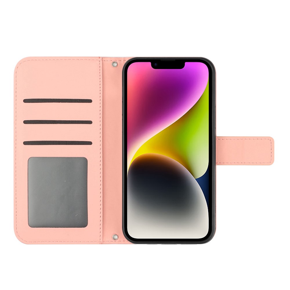 For iPhone 14 Plus HT04 Skin-touch PU Leather Stand Case Imprinted Sunflower Full Protection Phone Wallet Cover with Shoulder Strap - Light Pink-2