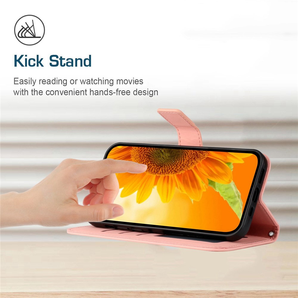 For iPhone 14 Plus HT04 Skin-touch PU Leather Stand Case Imprinted Sunflower Full Protection Phone Wallet Cover with Shoulder Strap - Light Pink-3
