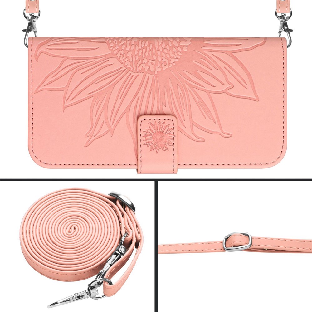 For iPhone 14 Plus HT04 Skin-touch PU Leather Stand Case Imprinted Sunflower Full Protection Phone Wallet Cover with Shoulder Strap - Light Pink-4