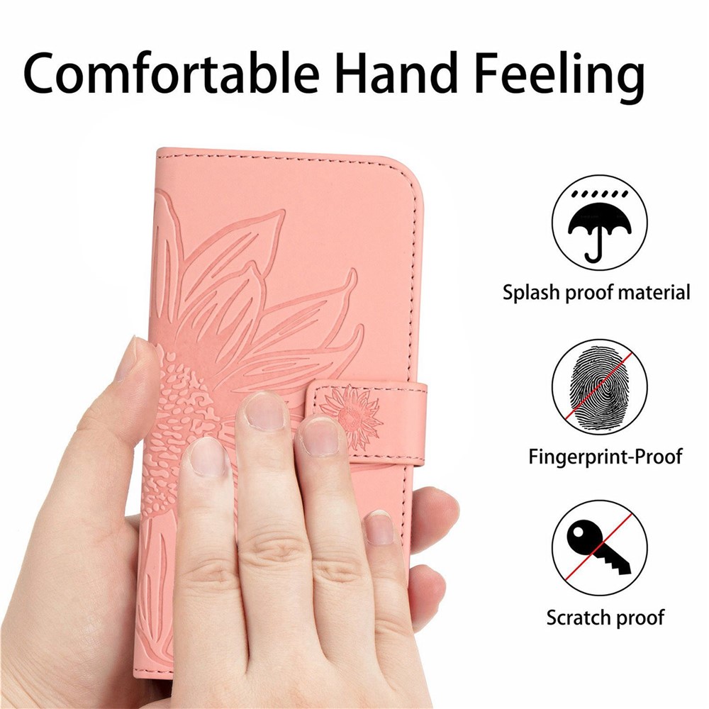 For iPhone 14 Plus HT04 Skin-touch PU Leather Stand Case Imprinted Sunflower Full Protection Phone Wallet Cover with Shoulder Strap - Light Pink-6