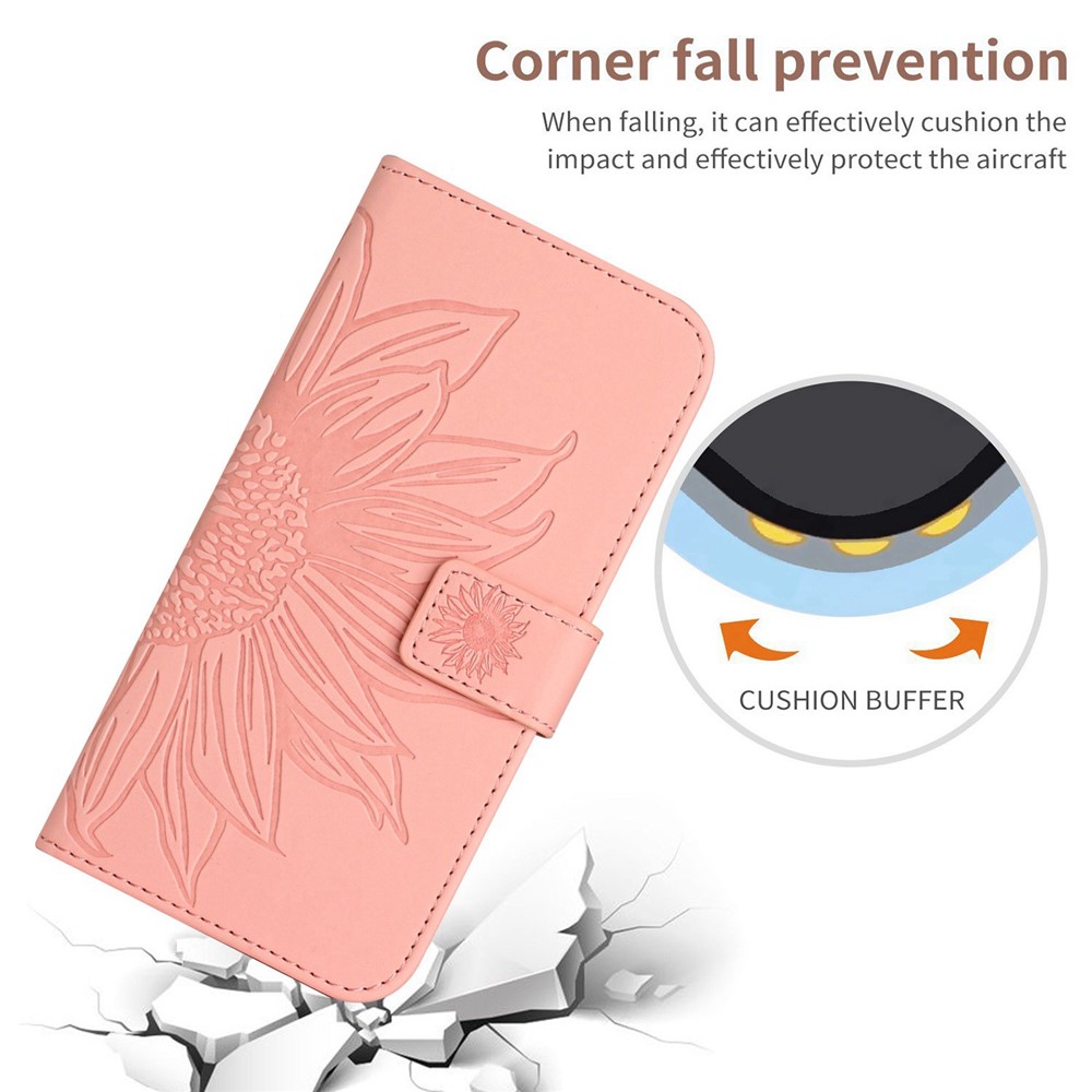 For iPhone 14 Plus HT04 Skin-touch PU Leather Stand Case Imprinted Sunflower Full Protection Phone Wallet Cover with Shoulder Strap - Light Pink-7
