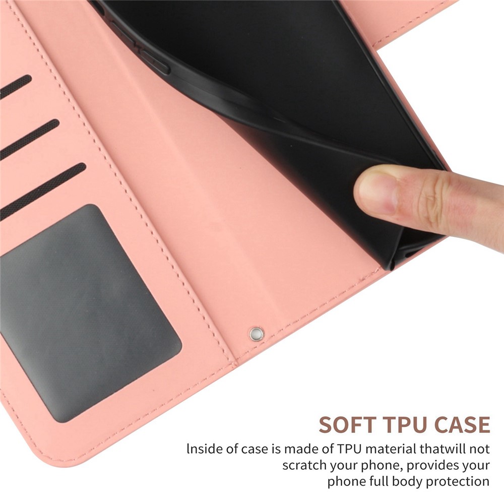 For iPhone 14 Plus HT04 Skin-touch PU Leather Stand Case Imprinted Sunflower Full Protection Phone Wallet Cover with Shoulder Strap - Light Pink-8
