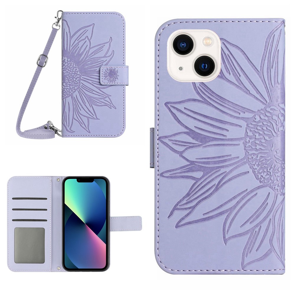 For iPhone 13 mini 5.4 inch HT04 Skin-touch PU Leather Imprinted Sunflower Stand Case Anti-scratch Phone Wallet Cover with Shoulder Strap - Light Purple