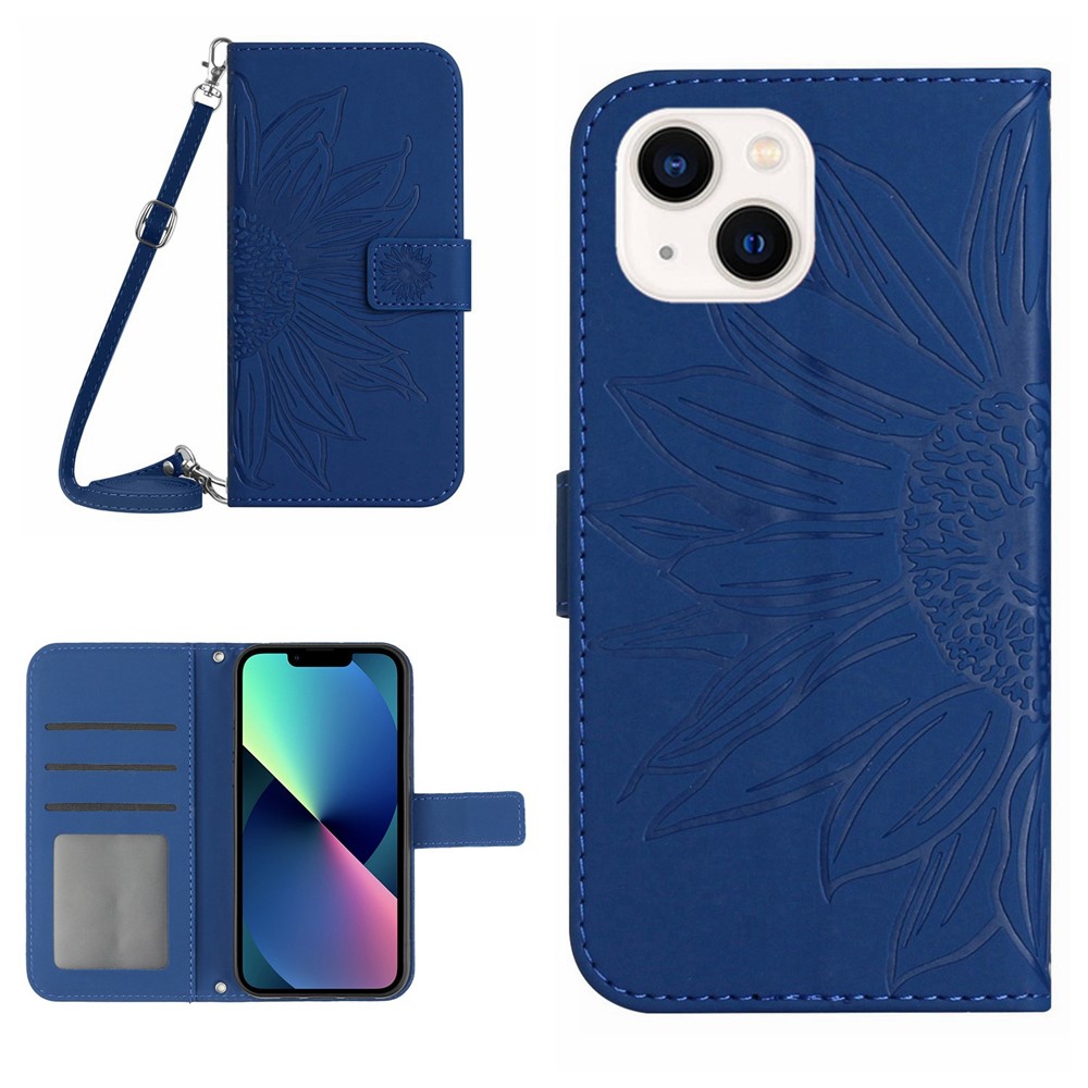 For iPhone 13 mini 5.4 inch HT04 Skin-touch PU Leather Imprinted Sunflower Stand Case Anti-scratch Phone Wallet Cover with Shoulder Strap - Sapphire