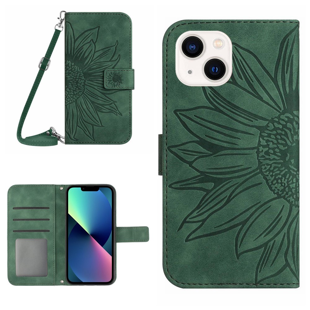 For iPhone 13 mini 5.4 inch HT04 Skin-touch PU Leather Imprinted Sunflower Stand Case Anti-scratch Phone Wallet Cover with Shoulder Strap - Dark Green