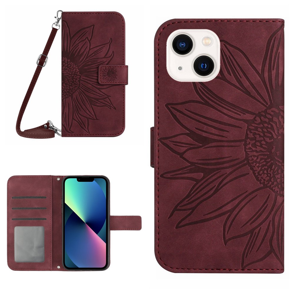 For iPhone 13 mini 5.4 inch HT04 Skin-touch PU Leather Imprinted Sunflower Stand Case Anti-scratch Phone Wallet Cover with Shoulder Strap - Wine Red