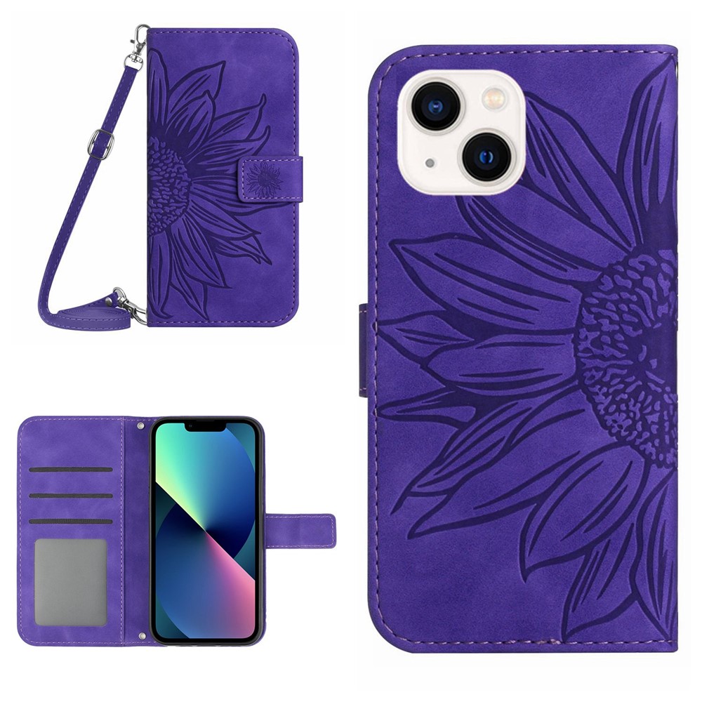 For iPhone 13 mini 5.4 inch HT04 Skin-touch PU Leather Imprinted Sunflower Stand Case Anti-scratch Phone Wallet Cover with Shoulder Strap - Dark Purple