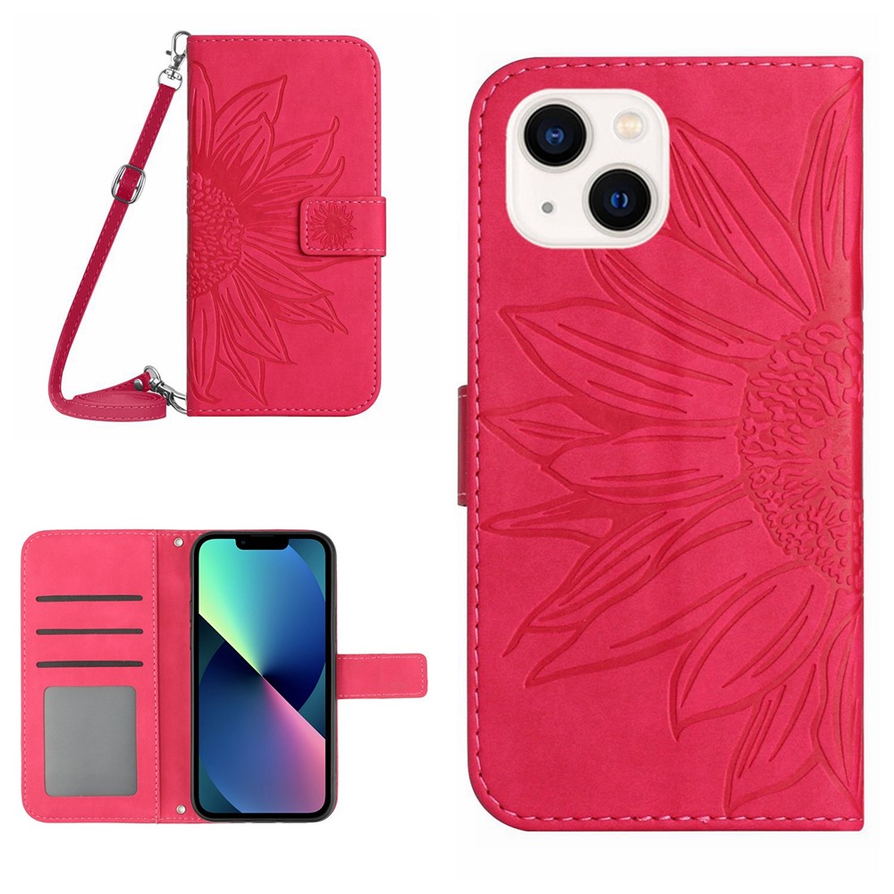 For iPhone 13 mini 5.4 inch HT04 Skin-touch PU Leather Imprinted Sunflower Stand Case Anti-scratch Phone Wallet Cover with Shoulder Strap - Rose