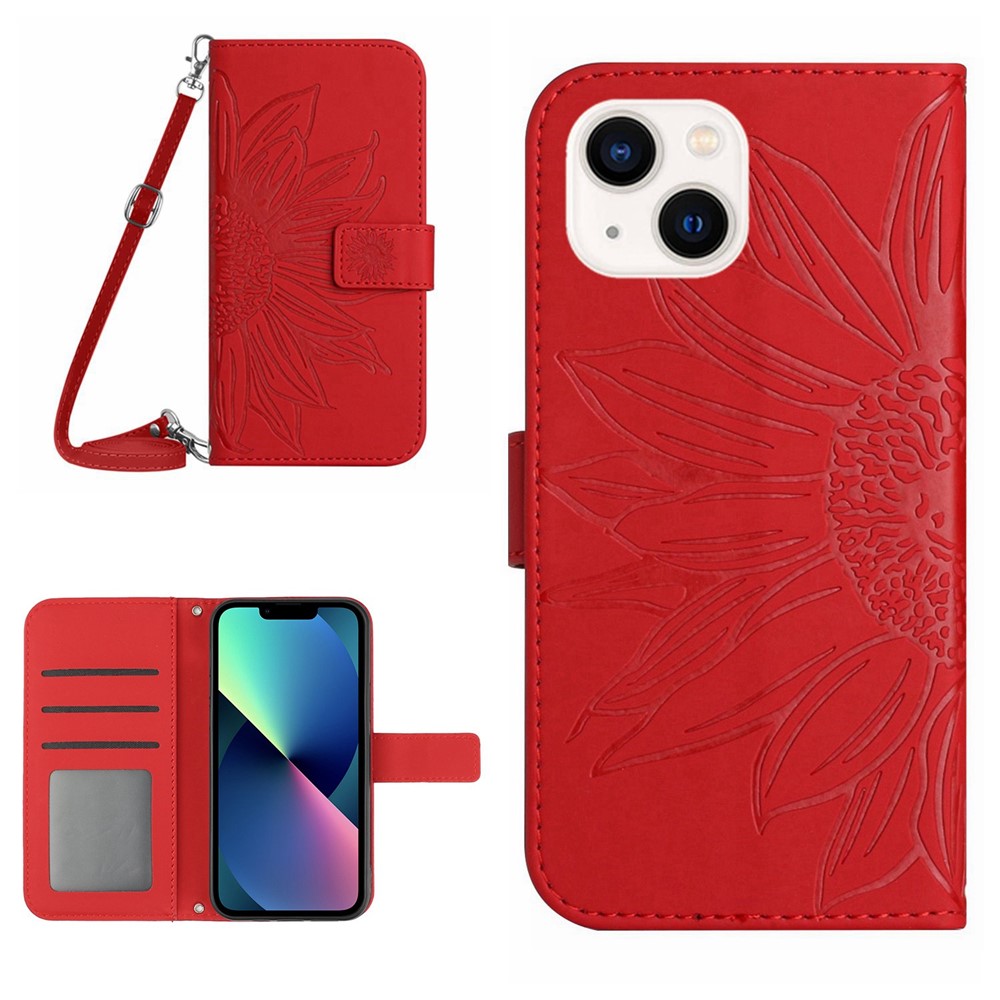 For iPhone 13 mini 5.4 inch HT04 Skin-touch PU Leather Imprinted Sunflower Stand Case Anti-scratch Phone Wallet Cover with Shoulder Strap - Red