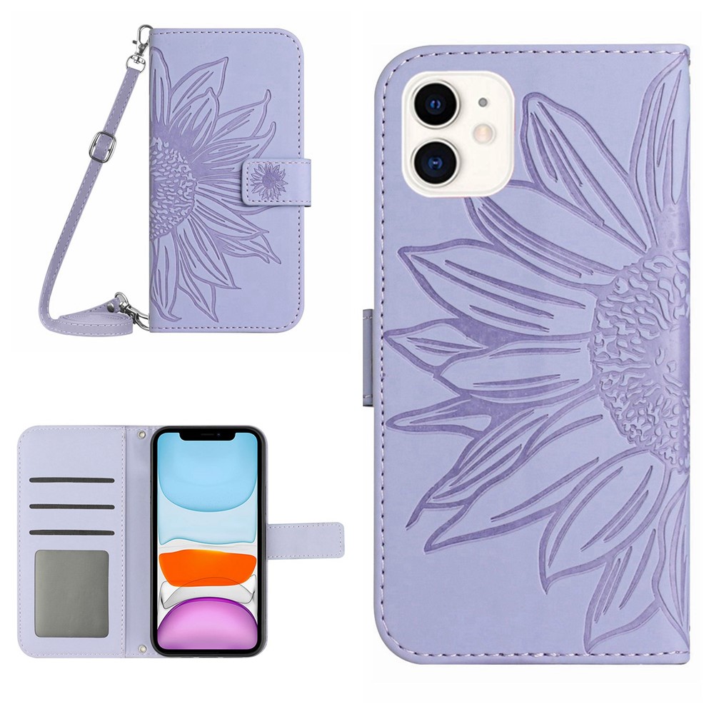 For iPhone 11 6.1 inch HT04 PU Leather Imprinted Sunflower Drop-proof Phone Case Skin-touch Wallet Stand Protector with Shoulder Strap - Light Purple