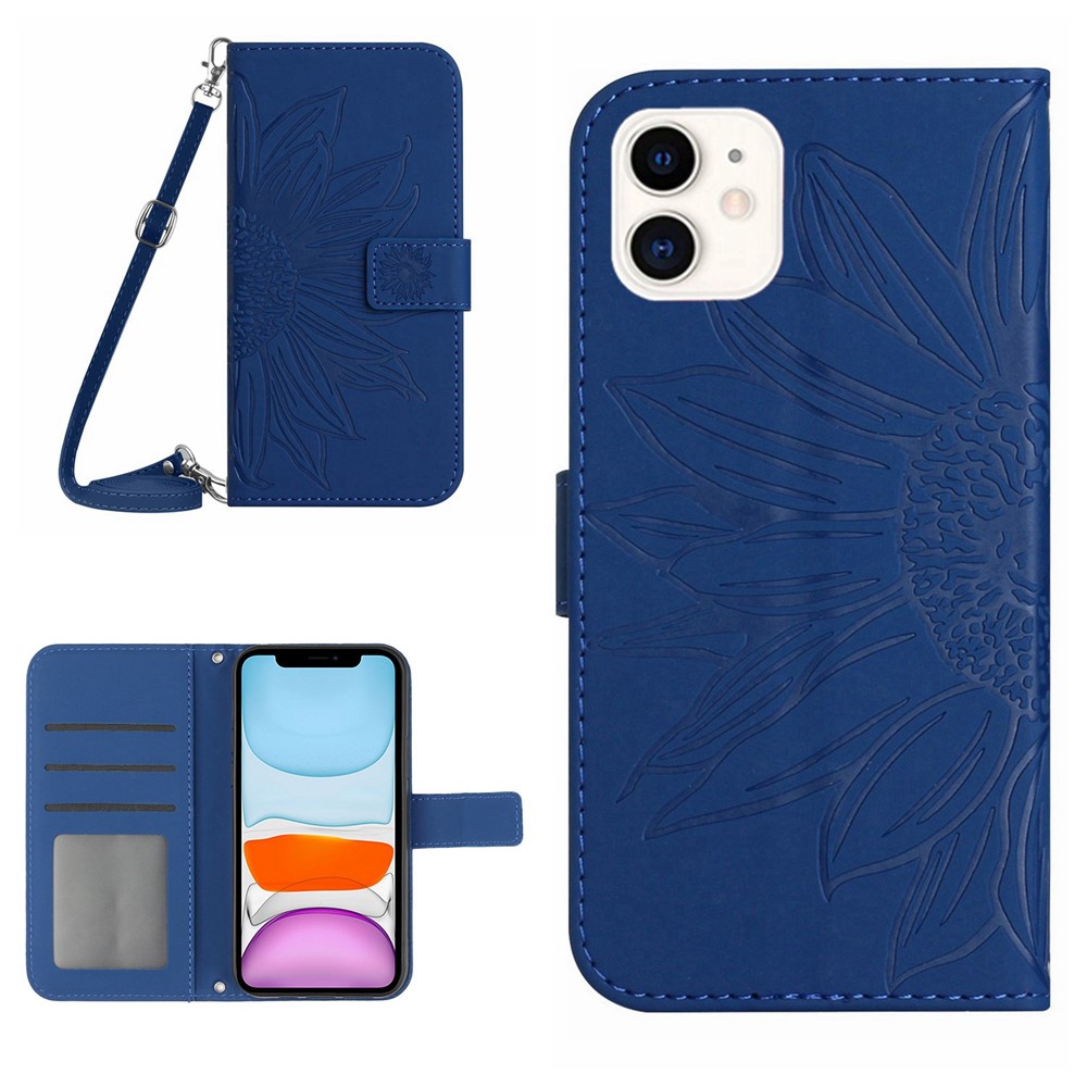 For iPhone 11 6.1 inch HT04 PU Leather Imprinted Sunflower Drop-proof Phone Case Skin-touch Wallet Stand Protector with Shoulder Strap - Sapphire
