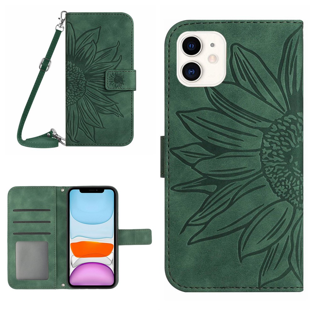 For iPhone 11 6.1 inch HT04 PU Leather Imprinted Sunflower Drop-proof Phone Case Skin-touch Wallet Stand Protector with Shoulder Strap - Dark Green