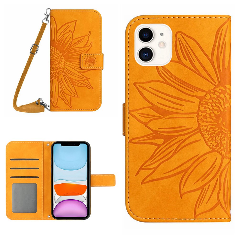 For iPhone 11 6.1 inch HT04 PU Leather Imprinted Sunflower Drop-proof Phone Case Skin-touch Wallet Stand Protector with Shoulder Strap - Yellow