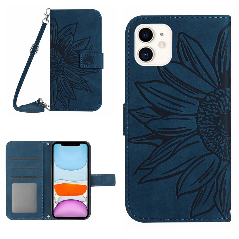 For iPhone 11 6.1 inch HT04 PU Leather Imprinted Sunflower Drop-proof Phone Case Skin-touch Wallet Stand Protector with Shoulder Strap - Dark Blue
