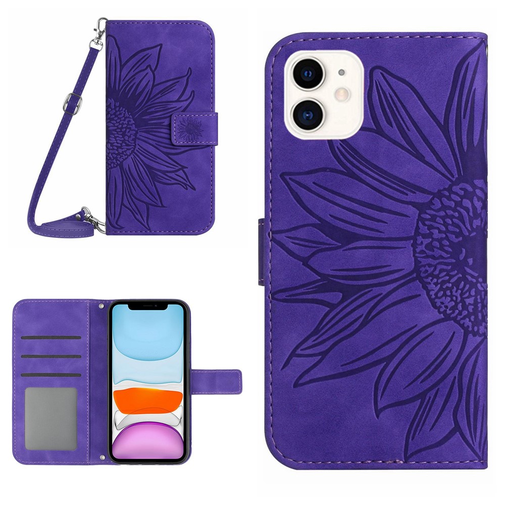 For iPhone 11 6.1 inch HT04 PU Leather Imprinted Sunflower Drop-proof Phone Case Skin-touch Wallet Stand Protector with Shoulder Strap - Dark Purple