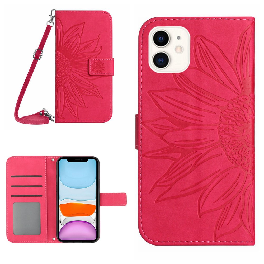For iPhone 11 6.1 inch HT04 PU Leather Imprinted Sunflower Drop-proof Phone Case Skin-touch Wallet Stand Protector with Shoulder Strap - Rose