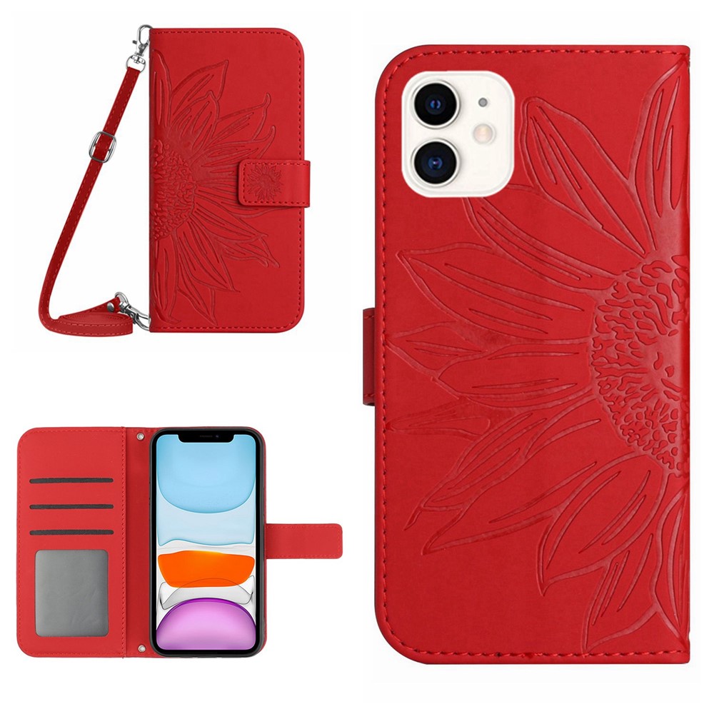 For iPhone 11 6.1 inch HT04 PU Leather Imprinted Sunflower Drop-proof Phone Case Skin-touch Wallet Stand Protector with Shoulder Strap - Red