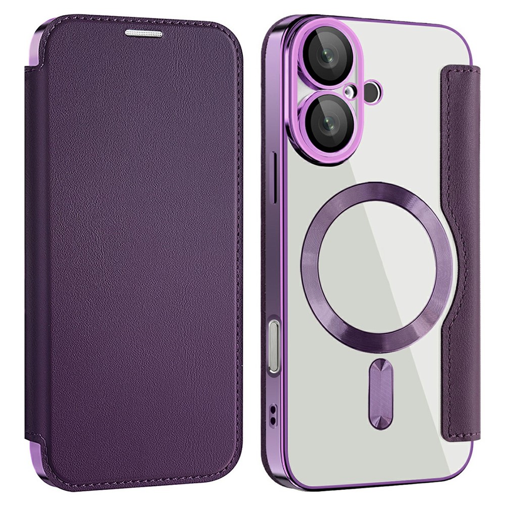 AMORUS For iPhone 16 Case Compatible with MagSafe RFID Blocking Card Holder Leather Phone Cover - Dark Purple