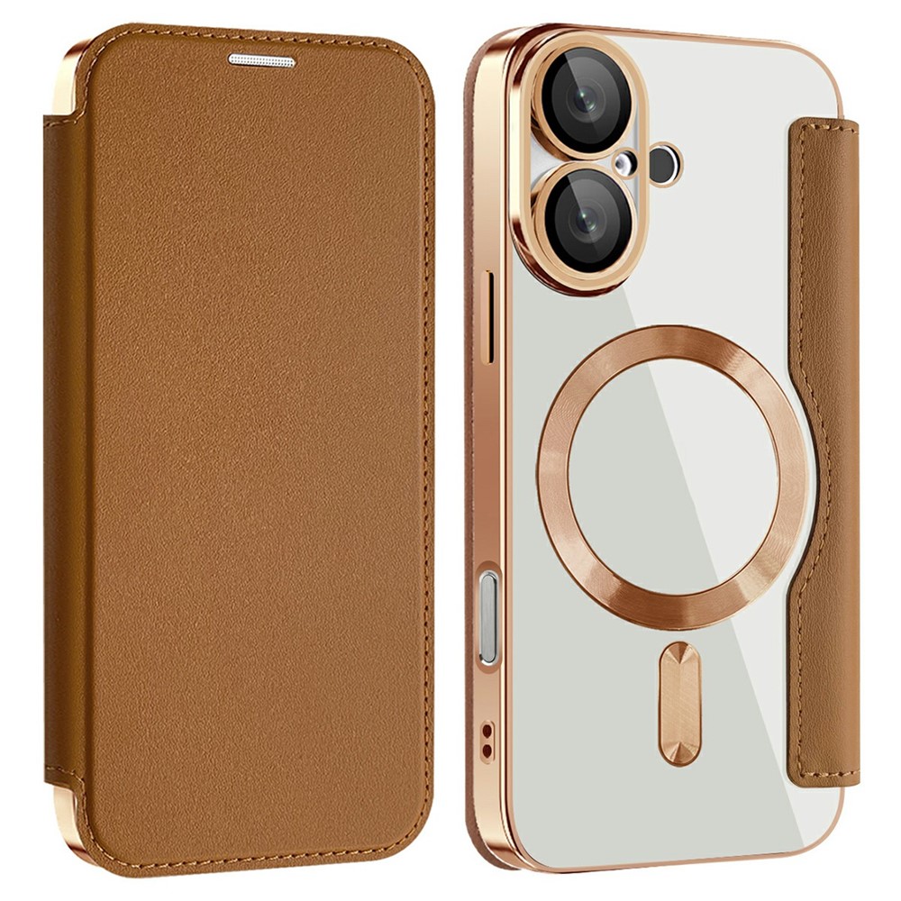 AMORUS For iPhone 16 Case Compatible with MagSafe RFID Blocking Card Holder Leather Phone Cover - Brown