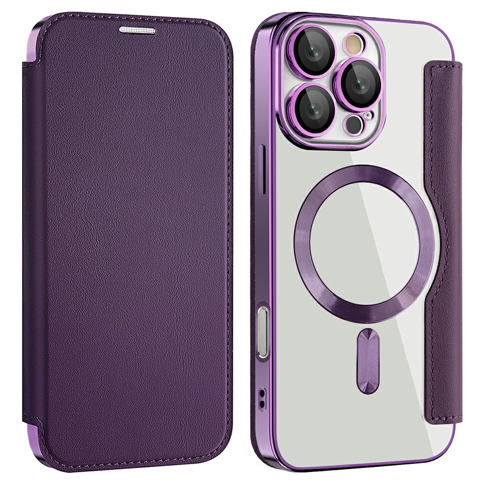 AMORUS For iPhone 16 Pro Case Compatible with MagSafe RFID Blocking Card Holder Leather Phone Cover - Dark Purple