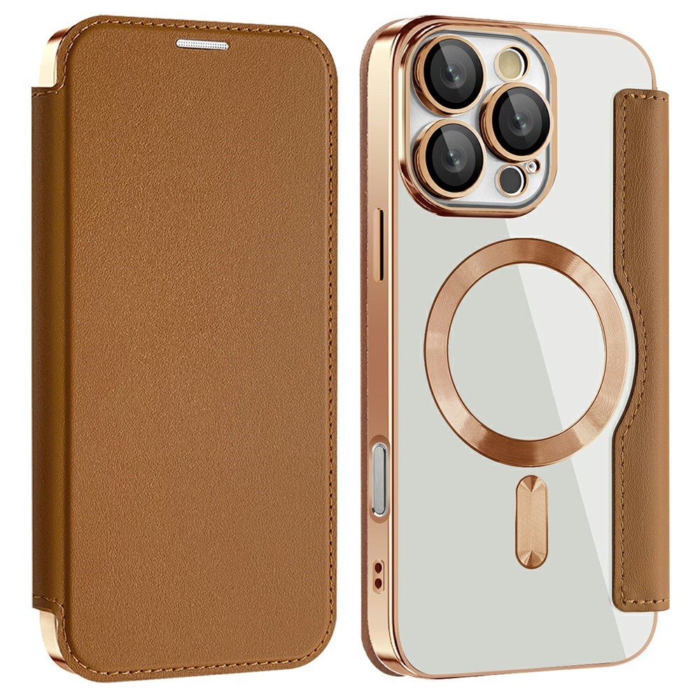 AMORUS For iPhone 16 Pro Case Compatible with MagSafe RFID Blocking Card Holder Leather Phone Cover - Brown