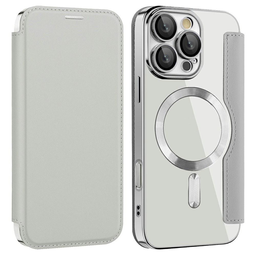 AMORUS For iPhone 16 Pro Case Compatible with MagSafe RFID Blocking Card Holder Leather Phone Cover - Titanium Grey