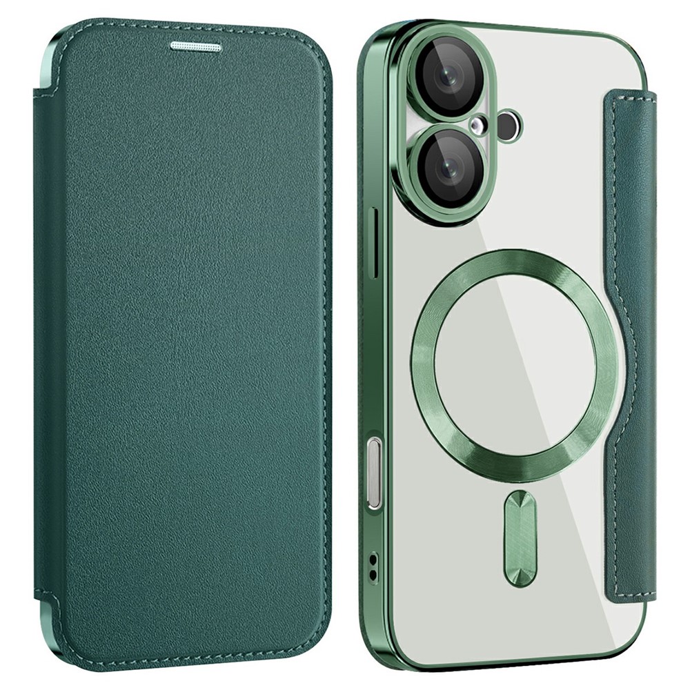 AMORUS For iPhone 16 Plus Case Compatible with MagSafe RFID Blocking Card Holder Leather Phone Cover - Blackish Green