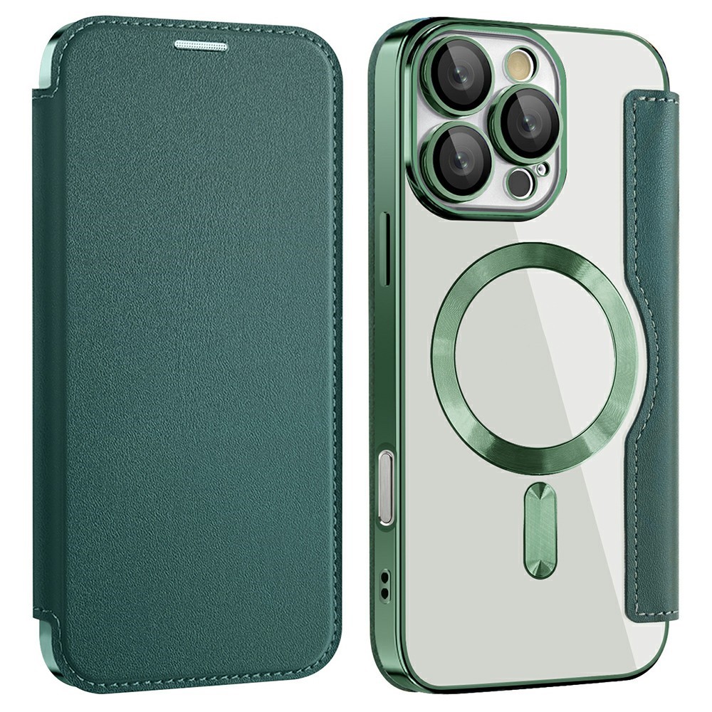 AMORUS For iPhone 16 Pro Max Case Compatible with MagSafe RFID Blocking Card Holder Leather Phone Cover - Blackish Green