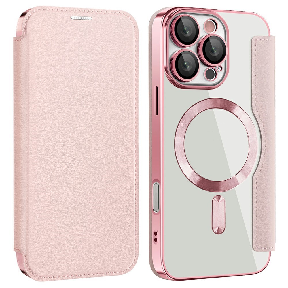 AMORUS For iPhone 16 Pro Max Case Compatible with MagSafe RFID Blocking Card Holder Leather Phone Cover - Pink