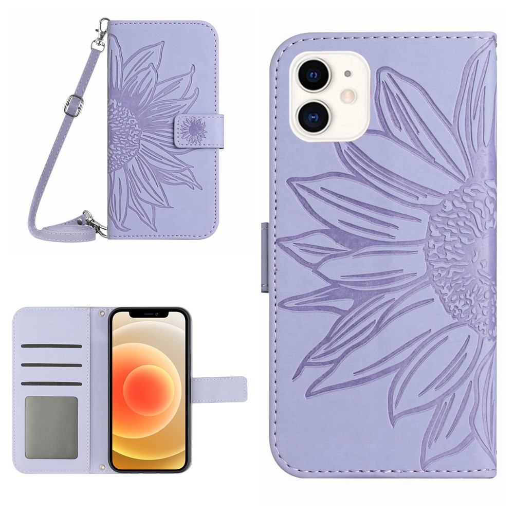 For iPhone 12 mini 5.4 inch HT04 Imprinted Sunflower PU Leather Skin-touch Phone Case Magnetic Closure Wallet Stand Cover with Shoulder Strap - Light Purple