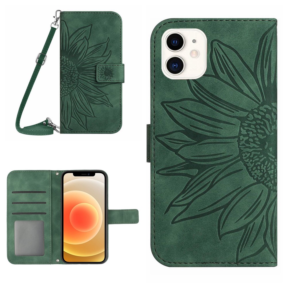 For iPhone 12 mini 5.4 inch HT04 Imprinted Sunflower PU Leather Skin-touch Phone Case Magnetic Closure Wallet Stand Cover with Shoulder Strap - Dark Green