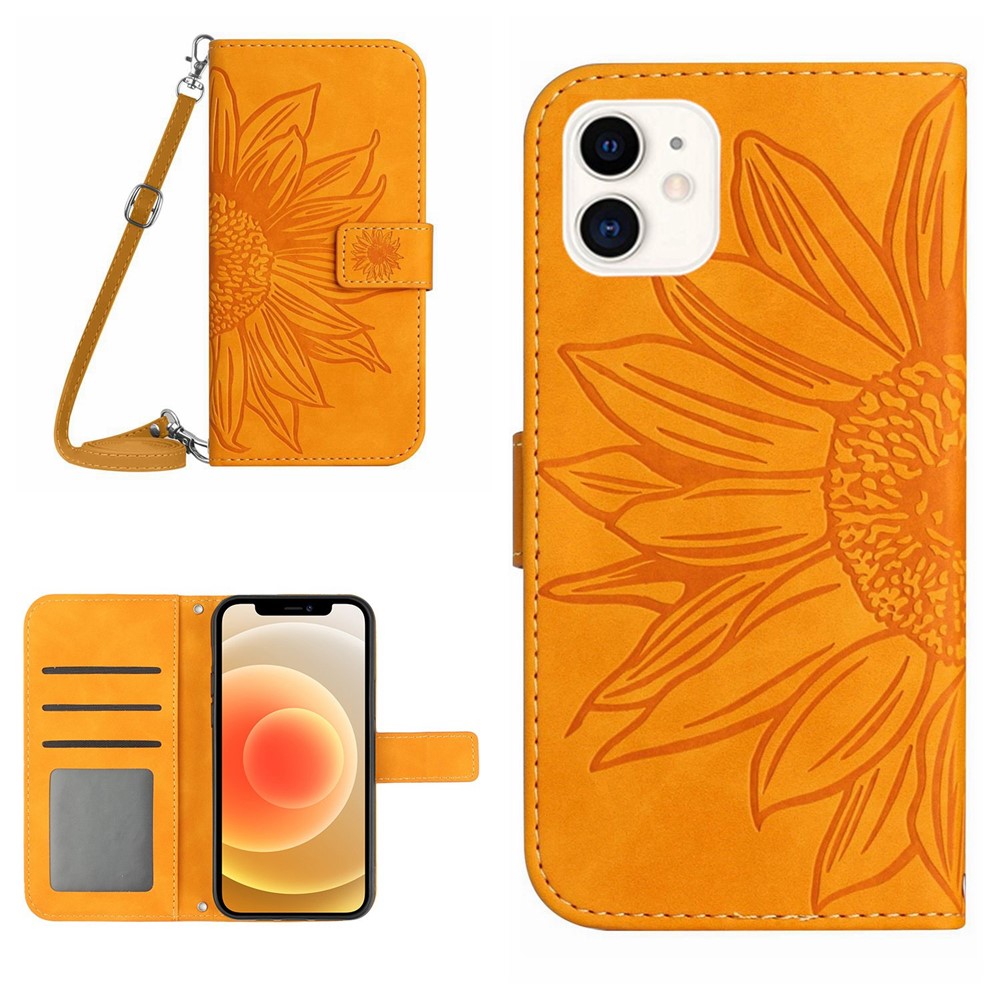 For iPhone 12 mini 5.4 inch HT04 Imprinted Sunflower PU Leather Skin-touch Phone Case Magnetic Closure Wallet Stand Cover with Shoulder Strap - Yellow