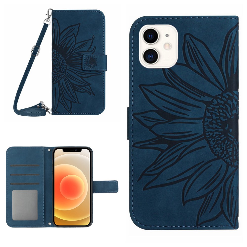 For iPhone 12 mini 5.4 inch HT04 Imprinted Sunflower PU Leather Skin-touch Phone Case Magnetic Closure Wallet Stand Cover with Shoulder Strap - Dark Blue