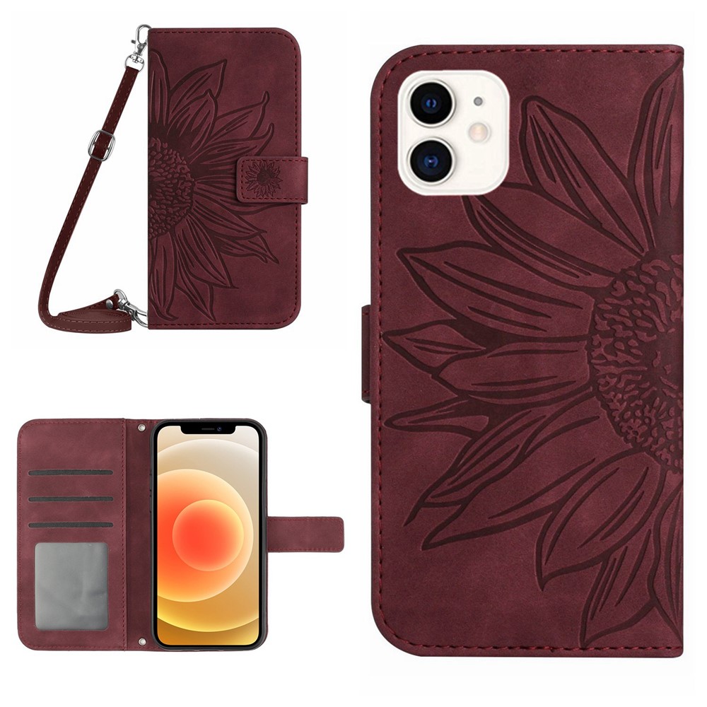 For iPhone 12 mini 5.4 inch HT04 Imprinted Sunflower PU Leather Skin-touch Phone Case Magnetic Closure Wallet Stand Cover with Shoulder Strap - Wine Red