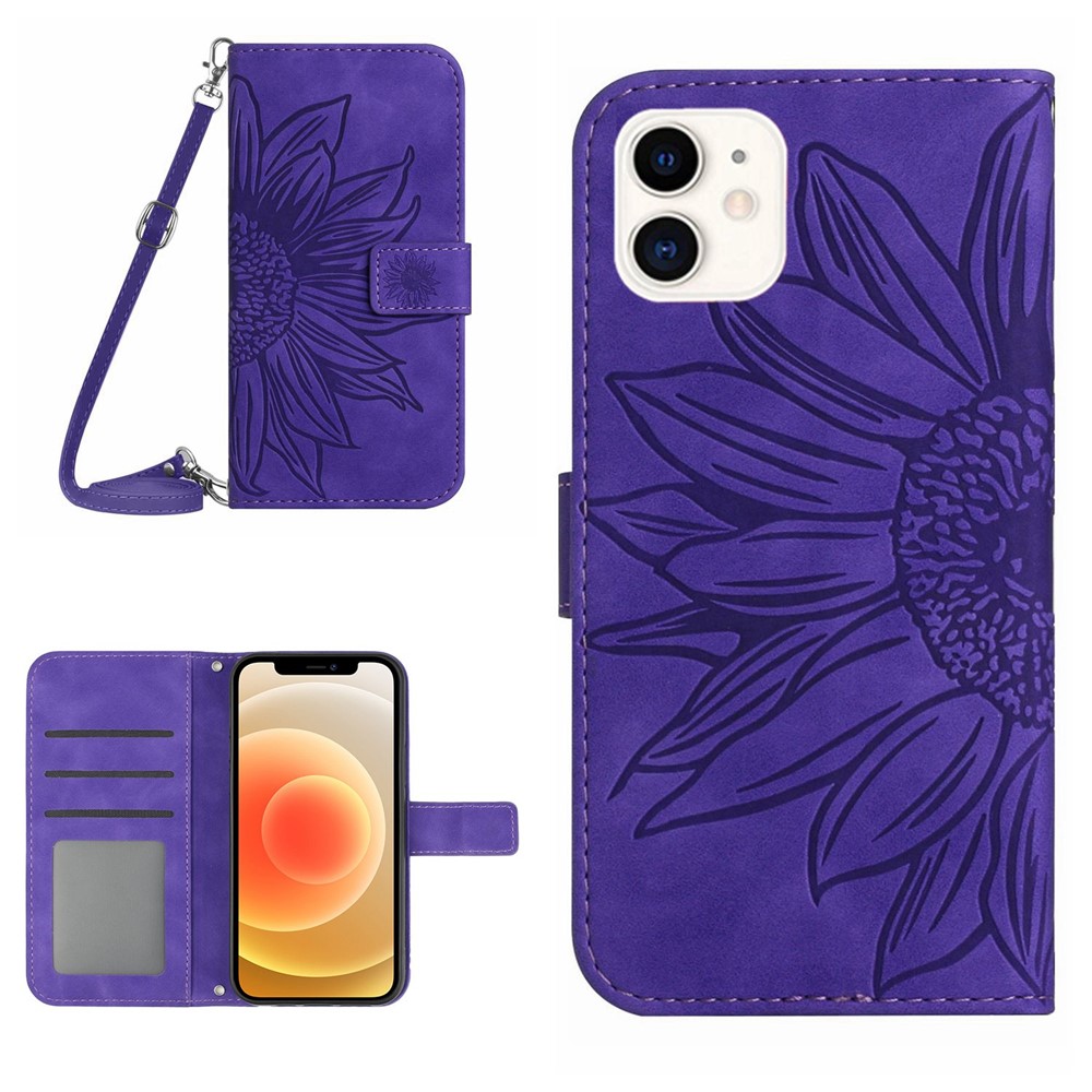 For iPhone 12 mini 5.4 inch HT04 Imprinted Sunflower PU Leather Skin-touch Phone Case Magnetic Closure Wallet Stand Cover with Shoulder Strap - Dark Purple