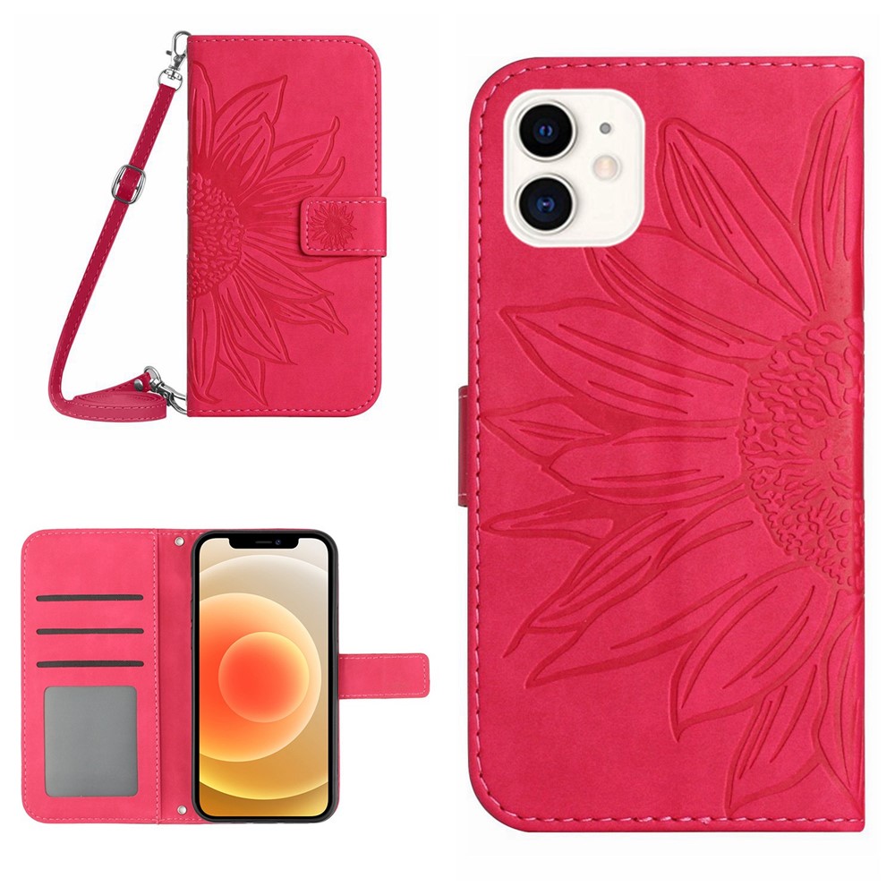 For iPhone 12 mini 5.4 inch HT04 Imprinted Sunflower PU Leather Skin-touch Phone Case Magnetic Closure Wallet Stand Cover with Shoulder Strap - Rose