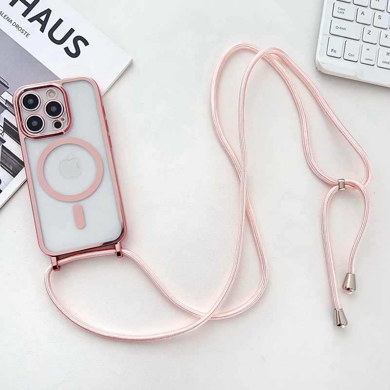For iPhone 13 Pro 6.1 inch Case Compatible with MagSafe Electroplating Edge TPU Phone Cover with Shoulder Strap - Pink
