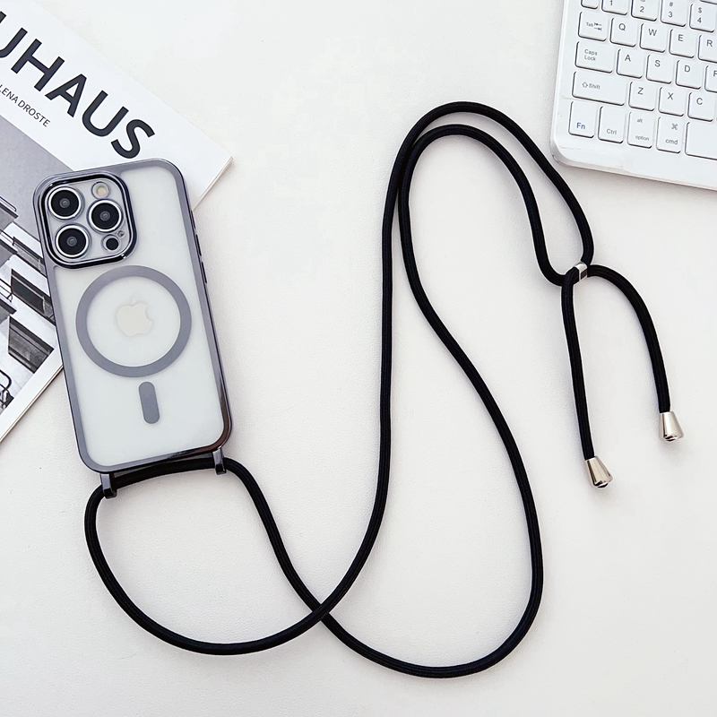 For iPhone 14 Pro Case Compatible with MagSafe Electroplating Edge TPU Phone Cover with Shoulder Strap - Black